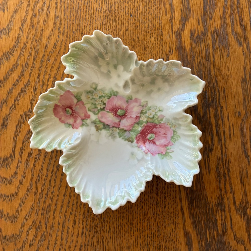 Antique Leuchtenburg Germany Porcelain Leaf Dish Pink Floral Lusterware 5.5"